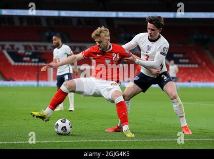 Ben Chilwell d'Inghilterra e Kamil Jozwiak di Polonia durante la partita di calcio Inghilterra/Polonia Foto Stock