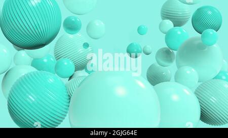 Sfondo astratto con sfere levitating in tono turchese. Sfondo geometrico alla moda con sfere dinamiche per poster o qualsiasi sfondo. Foto Stock