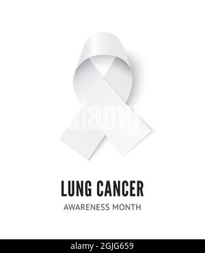 Illustrazione del vettore del nastro bianco di consapevolezza del cancro polmonare isolato su sfondo bianco. Nastro di seta bianca vettoriale realistico con anello Illustrazione Vettoriale