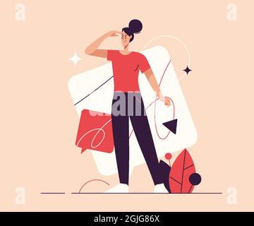 Illustrazione vettoriale raffigurante una donna che guarda avanti dritto sul tema della ricerca di opportunità future e nuove idee. Tratto modificabile Illustrazione Vettoriale