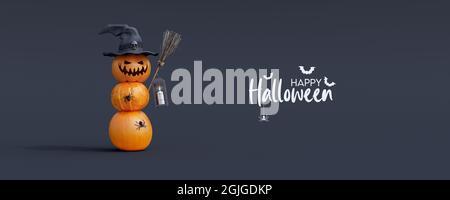 Biglietto d'auguri per Halloween Pumpkins su sfondo nero immagine 3D Render Foto Stock