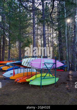 INCLINE VILLAGE, NV –11 Apr 2021- Racks di kayak colorati e tavole da surf nei boschi sulla riva del lago Tahoe. Foto Stock