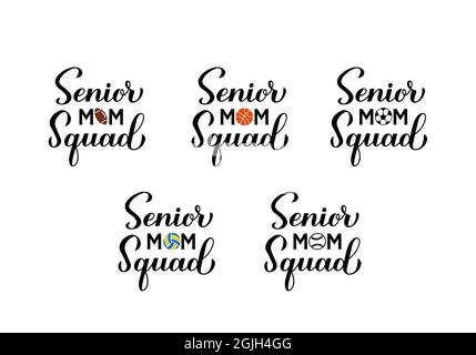 Lettere a mano senior della mom squad. Pacchetto calligraphy della mamma dello sport. Modello vettoriale per poster tipografici, banner, adesivi, magliette, ecc. Illustrazione Vettoriale