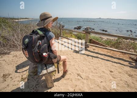 Una donna escursionista siede su una panchina al parco statale Ano Nuevo sulla costa occidentale del Nord America in California, USA. Foto Stock