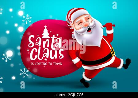 Babbo natale Running Vector design. Babbo natale sta venendo al testo della città con il carattere di babbo natale che corre e che tiene il sacco di regali per Natale. Illustrazione Vettoriale