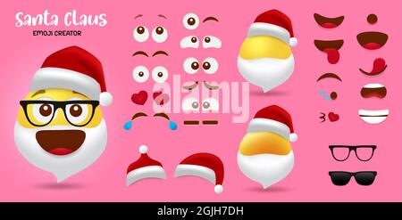 Set vettoriale del creatore di Natale di Santa emoji. Babbo natale Smileys personaggio editabile kit di viso, occhi e bocca in diverse espressioni facciali. Illustrazione Vettoriale