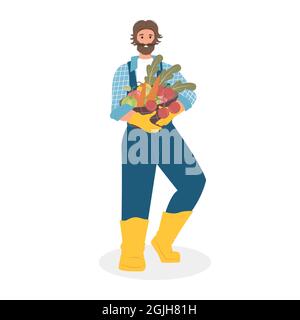 Gente piatta dal villaggio. Agricoltore maschio in abiti da lavoro con un cestino di verdure in mano. Caratteri vettoriali Illustrazione Vettoriale
