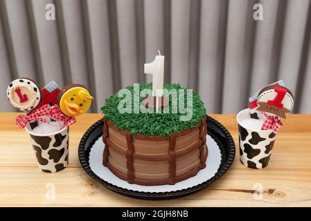 Torta al cioccolato decorata. Un anno di candela bianca su torta decorata in tema country su un tavolo di legno chiaro. Foto Stock