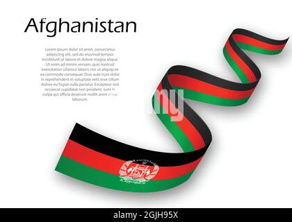 Sventolando in nastro o banner con bandiera dell'Afghanistan. Modello per il giorno di indipendenza il design di poster Illustrazione Vettoriale