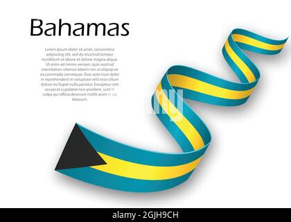 Sventolando in nastro o banner con bandiera delle Bahamas. Modello per il giorno di indipendenza il design di poster Illustrazione Vettoriale