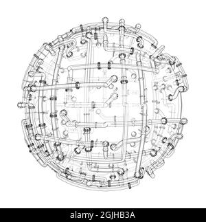 Tubi con flange intorno a una grande sfera. Vettore Illustrazione Vettoriale