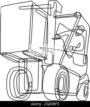 Illustrazione in linea continua di un operatore di un carrello elevatore a forche che guida un carrello elevatore a forche eseguito in stile mono o a scarabeo in bianco e nero su isolato Illustrazione Vettoriale