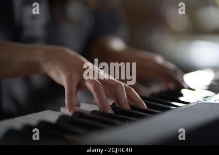 Le mani del musicista sul sintetizzatore. Immagine ritagliata di una persona che riproduce un sintetizzatore. Vista laterale. Foto di alta qualità Foto Stock