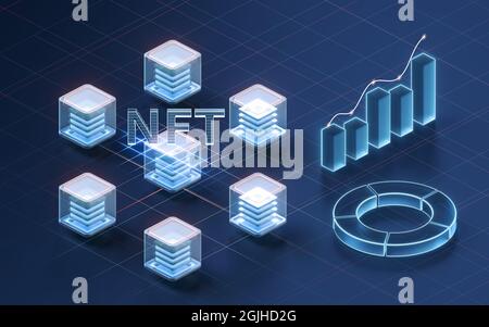 Concetto di token non fungibili NFT con sfondo scuro, rendering 3d. Disegno digitale del computer. Foto Stock