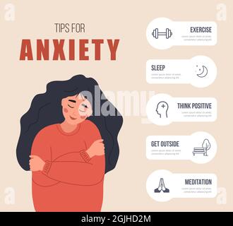 Suggerimenti per l'ansia. Donna felice che si abbraccia. Concetto di salute mentale. Infografica di aiuto psicologico. Disturbo dell'umore. Illustrazione vettoriale in piano Illustrazione Vettoriale