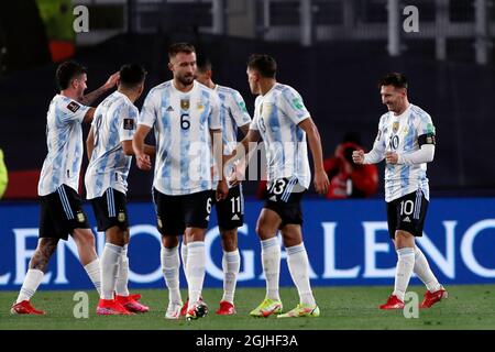 Buenos Aires, Argentina. 9 settembre 2021. Calcio: Qualificazione Coppa del mondo Sud America, Argentina - Bolivia, Matchday 10: Giocatori argentini in campo. Credit: Gustavo Ortiz/dpa/Alamy Live News Foto Stock