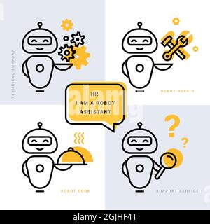 Una collezione di assistenti robotici con vari strumenti e costumi. Quattro robot colorati. Illustrazione Vettoriale