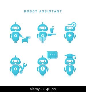 Una collezione di assistenti robotici con vari strumenti e costumi. Quattro robot colorati. Illustrazione Vettoriale