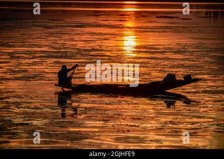 Srinagar, India. 9 settembre 2021. Un pescatore getta la sua rete nel lago dal durante il tramonto a Srinagar. Credit: SOPA Images Limited/Alamy Live News Foto Stock