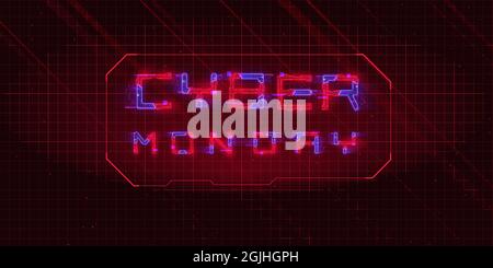 Banner Cyber Monday con effetto ologramma glitch. Titolo CYBER MONDAY in stile cyberpunk con effetto di distorsione e cornice in stile HUD, concetto tecnologico Illustrazione Vettoriale