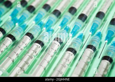 Primo piano di un gruppo di siringhe su un tavolo verde. Foto Stock