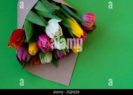 I tulipani multicolore sono avvolti in carta artigianale. Inserire il testo. Bouquet di tulipani. Consegna fiori. Sfondo verde . Spazio copia tulipano Foto Stock