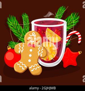 Bicchiere di VIN brulé e pan di zenzero uomo biscotto Natale vettore illustrazione piatto. Ornamenti e giocattoli. Illustrazione Vettoriale