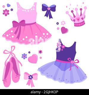 Splendido set di accessori per ballerina Vector con graziosi abiti da ballerina rosa e viola, scarpe da ballo, nastri, tiara e fiori. Foto Stock