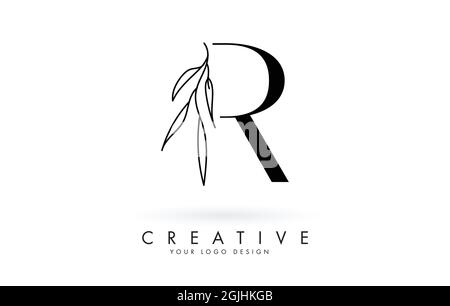 Logo con lettera R con elegante e sottile illustrazione vettoriale delle foglie. Icona creativa con la lettera R.. Illustrazione Vettoriale