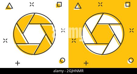 Icona a diaframma della telecamera in stile comico. Illustrazione vettoriale del cartoon su sfondo isolato bianco. Foto istantanea effetto di splash business concep Illustrazione Vettoriale