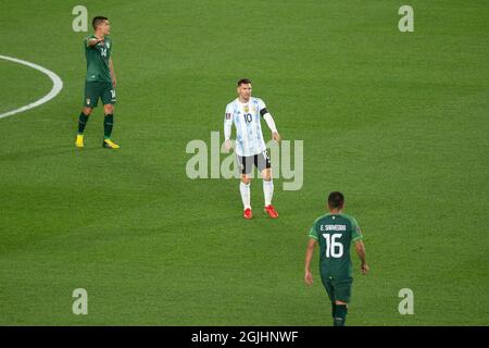 Buenos Aires, Argentina. 9 settembre 2021. Lionel messi d'Argentina reagisce durante una partita di calcio di qualificazione tra Argentina e Bolivia per la Coppa del mondo FIFA Qatar 2022 a Buenos Aires. (Punteggio finale; Argentina 3:0 Bolivia) (Foto di Manuel Cortina/SOPA Images/Sipa USA) Credit: Sipa USA/Alamy Live News Foto Stock