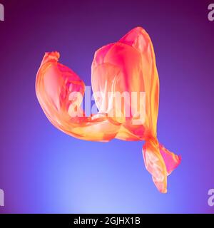 Tessuto scorrevole onda panno, rosa arancione seta volante tessuto isolato su sfondo viola studio Foto Stock