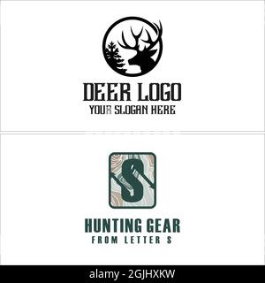 Caccia cervi foresta avventura logo design Illustrazione Vettoriale