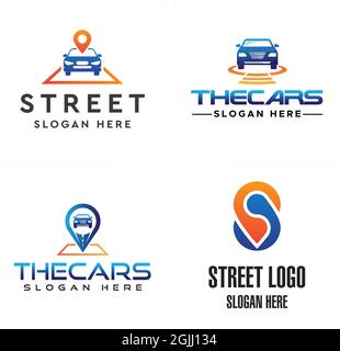 Design con logo stradale e punto di riferimento per auto automobilistiche Illustrazione Vettoriale