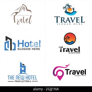Travel hotel mare spiaggia montagna avventura logo design Illustrazione Vettoriale