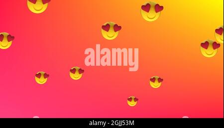 Occhi di cuore faccia emoji fluttuante su sfondo rosso Foto Stock