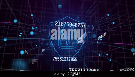 Immagine dei numeri che cambiano con lucchetto di sicurezza online su rete di connessioni in blu Foto Stock