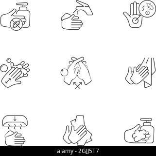 Impostazioni icone lineari fasi lavaggio mani Illustrazione Vettoriale