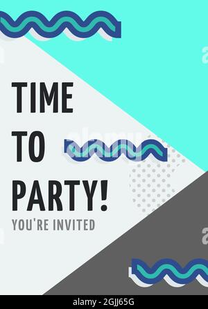 Composizione del tempo di festa di testo e messaggio con punti e onde, su tre triangoli blu e grigio Foto Stock