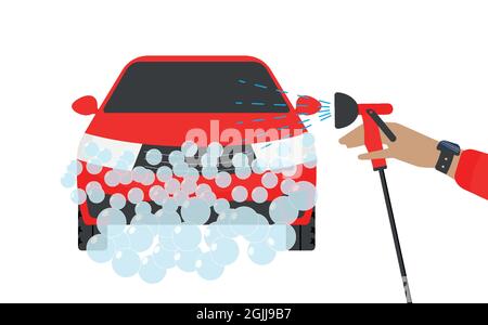 Banner per un autolavaggio. Uomo lavaggio auto vettore illustrazione. Concetto di autolavaggio con auto sportiva rossa. Illustrazione Vettoriale