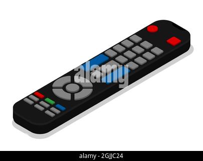 Pannello tv di controllo isometrico. Controllo remoto dei dispositivi elettronici. Vettore 3D realistico isolato su sfondo bianco Illustrazione Vettoriale