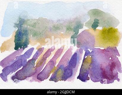 Illustrazione disegnata a mano di macchie acquerello in paesaggio con campo di lavanda Foto Stock
