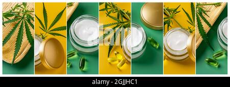 Collage di crema cosmetica di canapa in un vaso di vetro, foglie di cannabis sativa verde e colpe di olio CBD su sfondo giallo verde. Cura della pelle erba cosmetica Foto Stock
