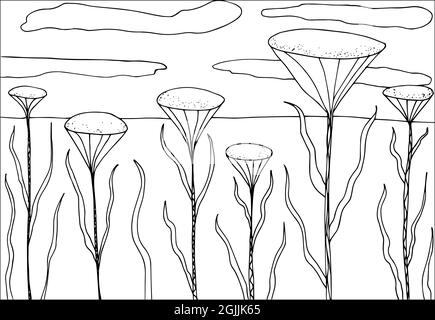 Doodle alieno fantasia paesaggio con grandi fiori colorare pagina per adulti. Fantastica grafica psichedelica. Vettore disegno a mano semplice piatto illustre Illustrazione Vettoriale