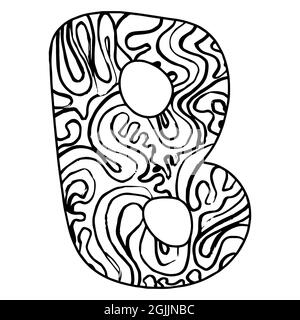 Alfabeto stilizzato Zentangle - lettera B. Noodle bianco nero disegnato a mano. Modello etnico. Africano, indiano, totem, disegno, pagina di colorazione antistress adulto. Illustrazione Vettoriale