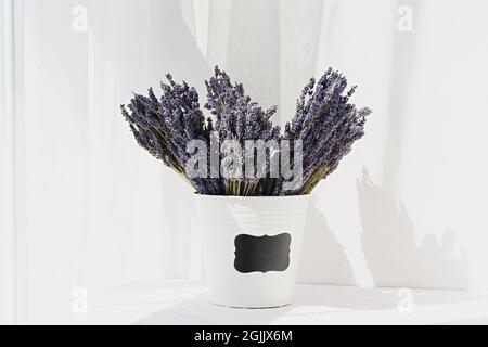 Lavanda asciutta in mazzi su sfondo bianco da vicino. Raccolta di fragranti fiori estivi. Preparazione pre-vendita. Il concetto di aromaterapia, cosmet Foto Stock