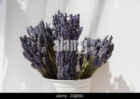 Lavanda asciutta in mazzi su sfondo bianco da vicino. Raccolta di fragranti fiori estivi. Preparazione pre-vendita. Il concetto di aromaterapia, cosmet Foto Stock