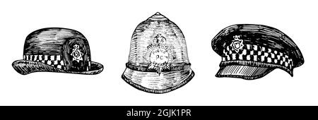 Casco custodiano, cappello uniforme donna di polizia britannica, cappello di polizia britannico Bobby, cappello di polizia inglese in stile gravure inchiostro disegno illustrazione isolato su bianco Foto Stock