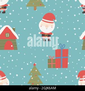 Modello di Natale senza giunture con albero di Natale, neve e regali. Ornamento di Natale di colore rosso e verde, illustrazione vettoriale Illustrazione Vettoriale