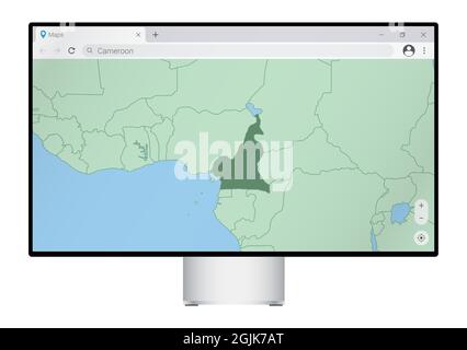 Computer monitor con mappa del Camerun nel browser, cercare il paese del Camerun sul programma di mappatura web. Modello vettoriale. Illustrazione Vettoriale